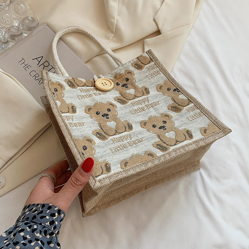 Cute Bear Pattern Cotton Linen Tote Bag Portable Canvas Shopping Bag