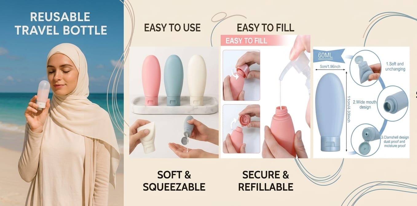 3 Pcs Silicone Reusable Travel Bottle Set – Leakproof, Refillable & TSA-Friendly Travel Toiletry Containers
