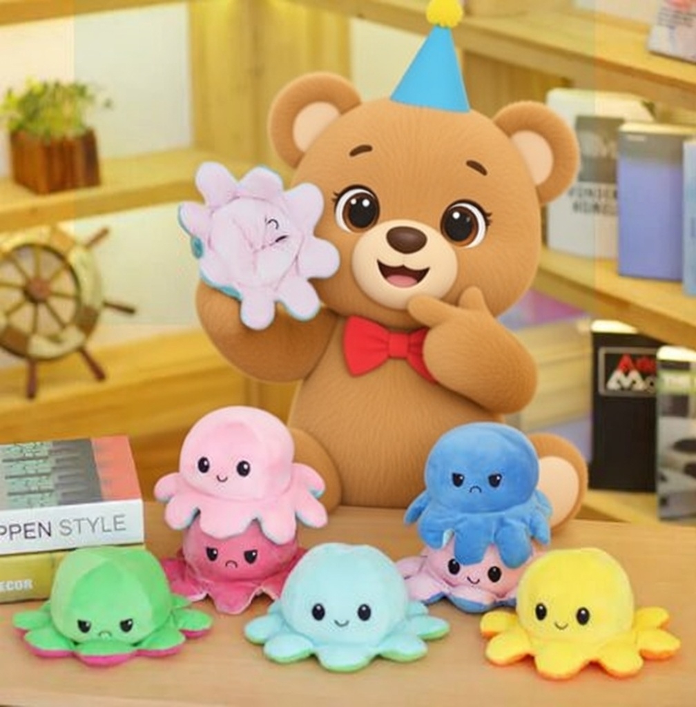 360 Fluffy Reversible Octopus Plush Toy – Double Faced Angry & Happy Mood Expressions Soft Stuffed Doll, Cute Octopus Plushie for Kids & Birthday Gift