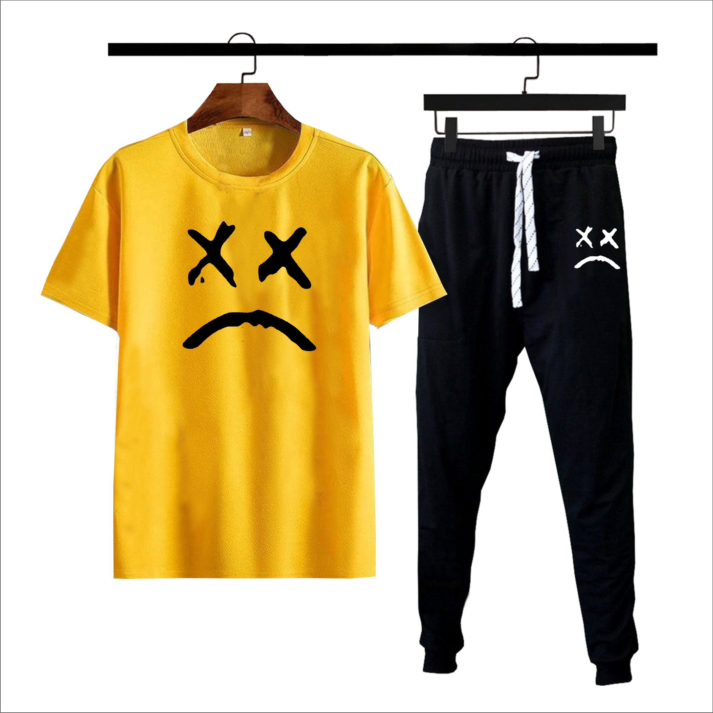 Black Sad face printed Summer Tracksuit For Men & Boys - Soft & Comfortable Fabric T Shirt & Trouser Printed Tracksuit
