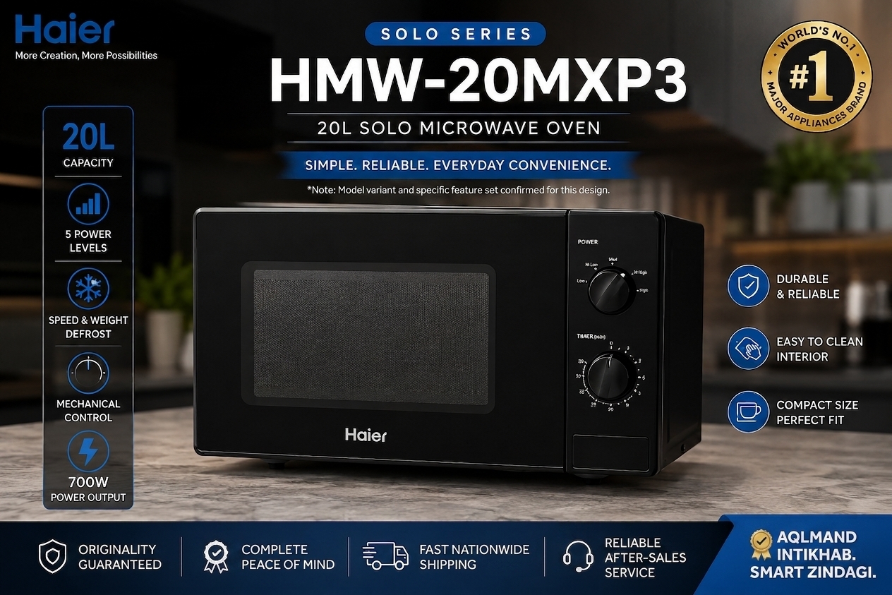 Haier 20L Solo Microwave Oven HMW-20MXP3 - 700W Power, 5 Power Levels, Defrost Function, Mechanical Control, Compact Size - Official Warranty