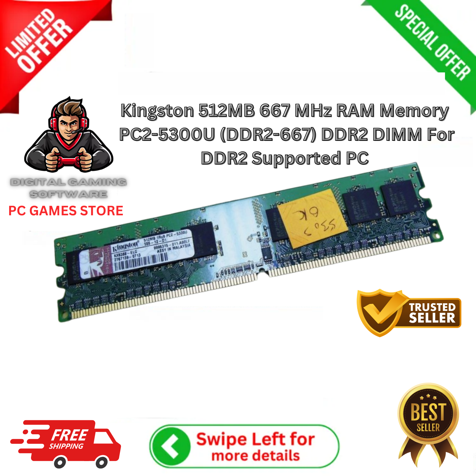 Kingston 512MB 667 MHz RAM Memory PC2-5300U (DDR2-667) DDR2 DIMM
