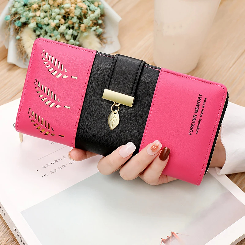 Hollow Leaves PU Leather Women's Long Wallet Fashion Female Coin Purses Hasp Zipper Hand Clutch for Women