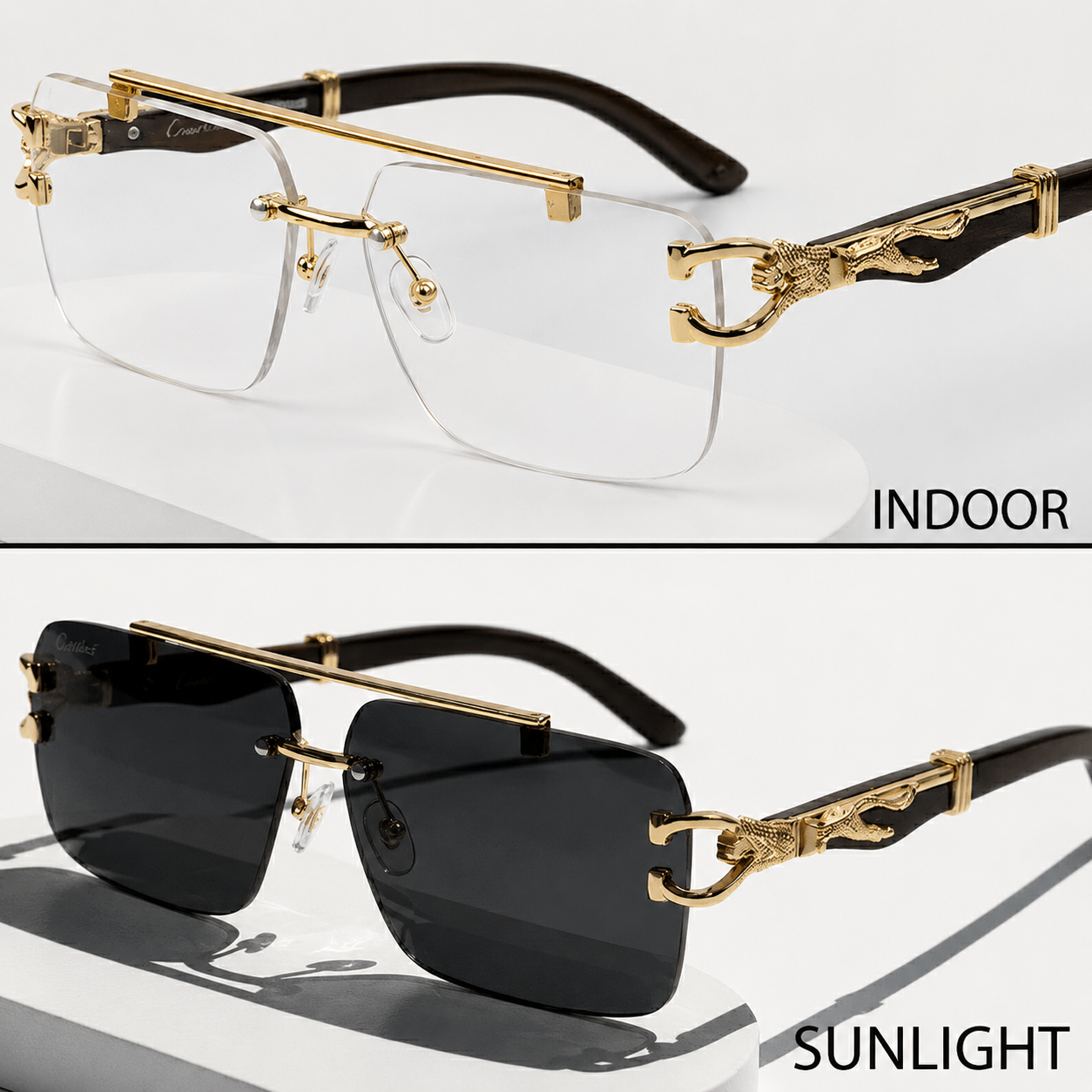 UrbanHive.pk All-Season Outdoor Premium Polycarbonate & TR90 Frame Rimless Photochromic Color-Changing Eyewear Sunglasses for Men & Women - Luxury Cheetah Style Solar Magic Glasses for Girls & Boys - Unisex Frameless Shades for Ladies
