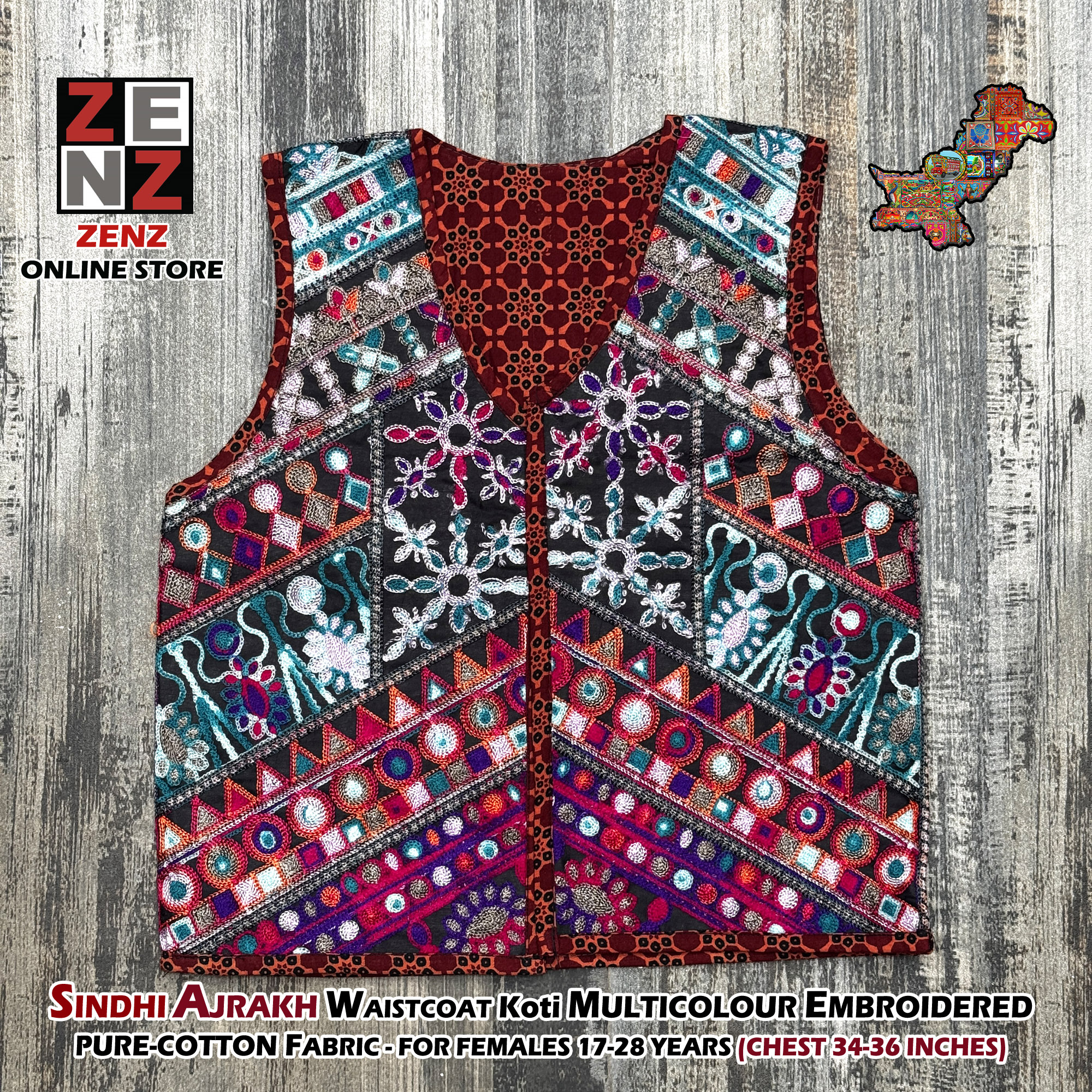 Sindhi Ajrak Traditional & Cultural Party Wear Embroidered Cotton Gilet Waistcoat Koti for Females Girls Women by ZENZ
