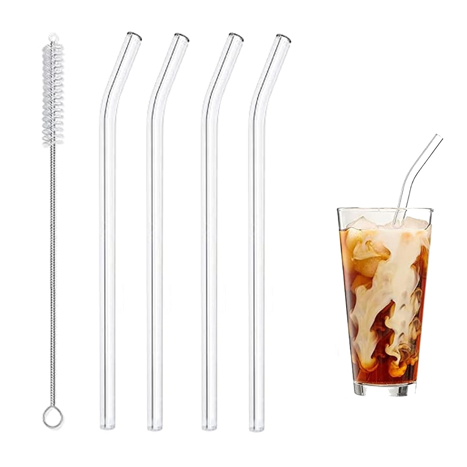 Set of 6 - Reusable Glass Straws With Cleaning Brush, Glass Drinking Straws - Clear Glass Straws Reusable