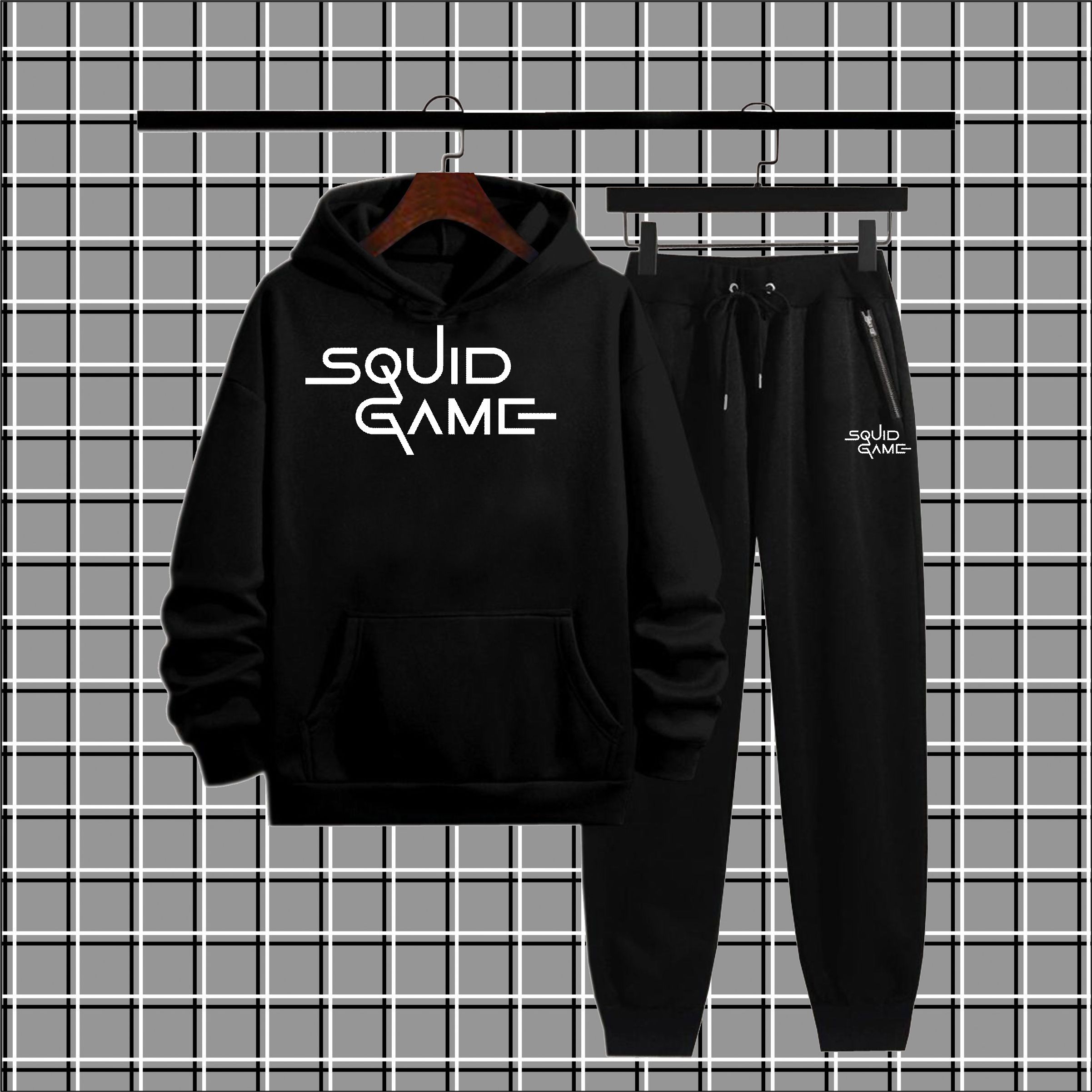 Black squid game printed Tracksuit For Mens & Boys - Soft & Comfortable Fleece Fabric Hoodies For Mens Kangaroo Hooded Sweatshirt & Trouser For Mens Printed Tracksuit