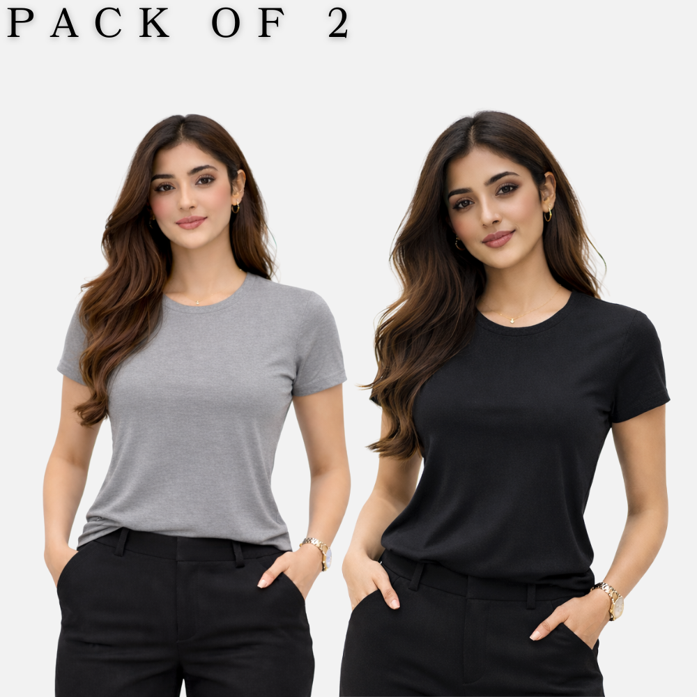 MK Garments - Pack Of 2 Basic Half Sleeves TShirt Round Neck Cotton Jersey Tops T- Shirts Casual Wear T Shirt For Girls