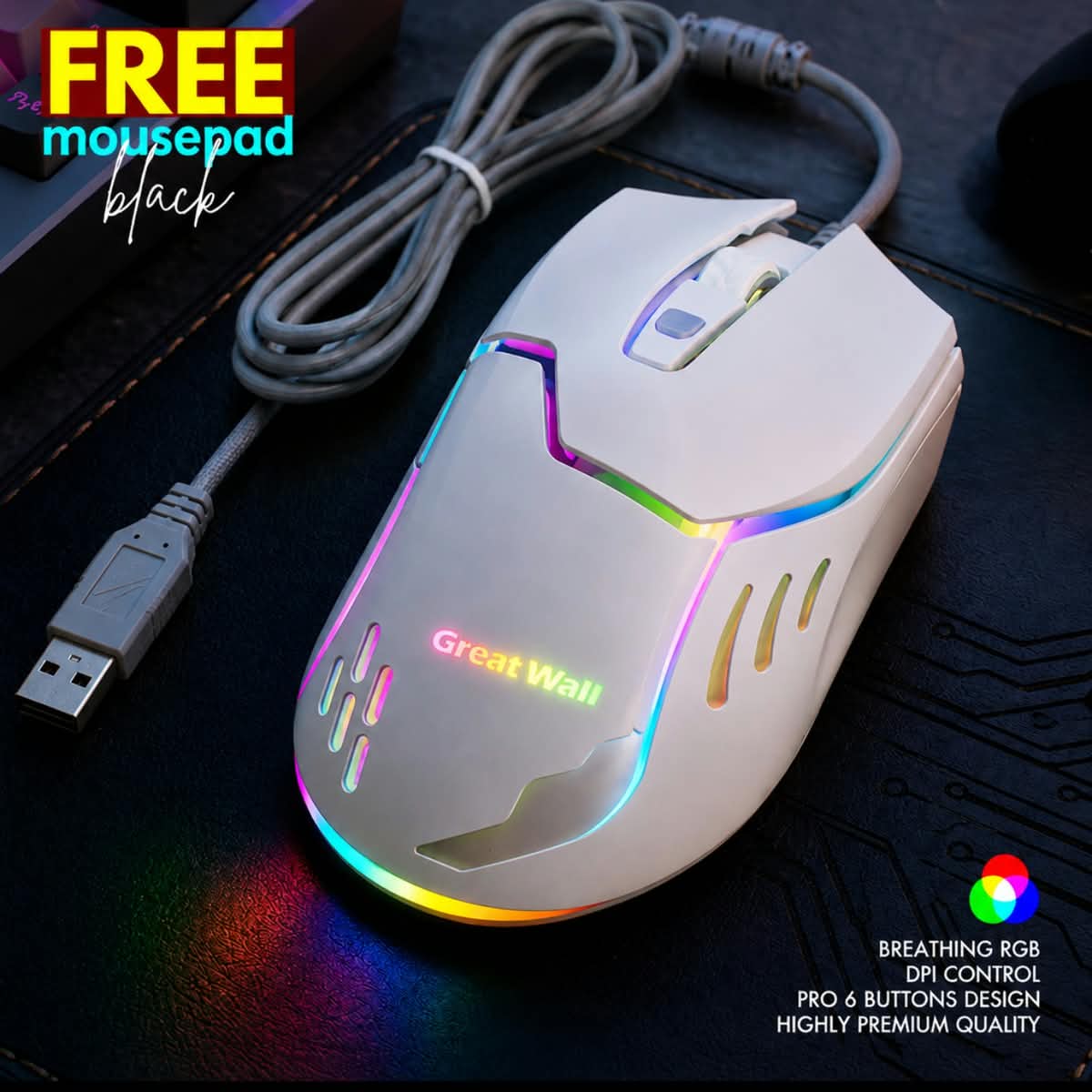 RGB Gaming Mouse 6 Button USB Wired Mouse | 4 Level DPI 800-3200 | Ergonomic Gaming Mouse | Free Mouse Pad
