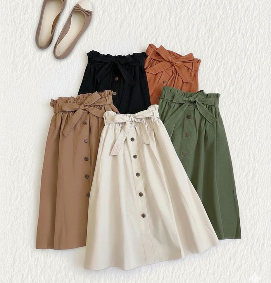 Chic Elasticated Waist Skirt with Button Detail in Solid/Striped Patterns