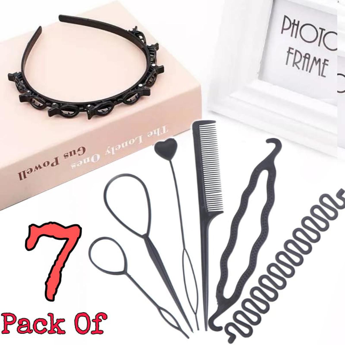 Pack of 7 Black Hair Styling Tools Set Braider Twister Headbands Zig Zag Ponytail Makers for Women and Girls