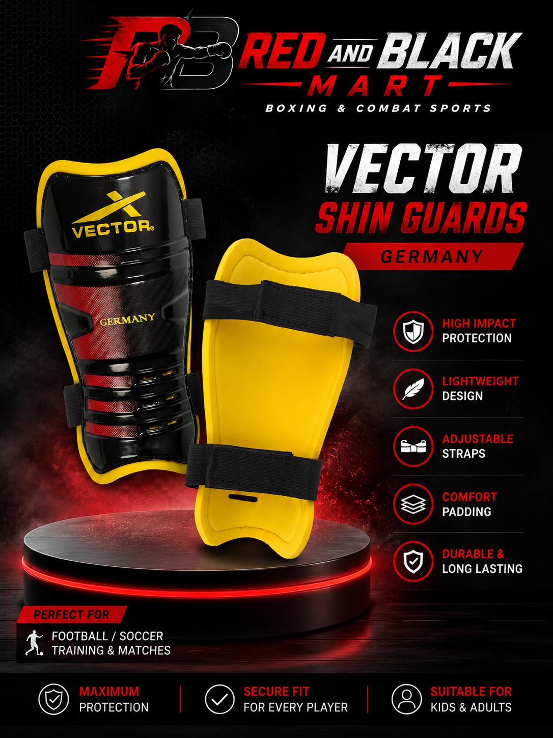 Vector X Germany Football Shin Guard with EVA Foam Cushioning, Hard PP Shell & Secure Fit | Lightweight Leg Protection for Training & Match Play