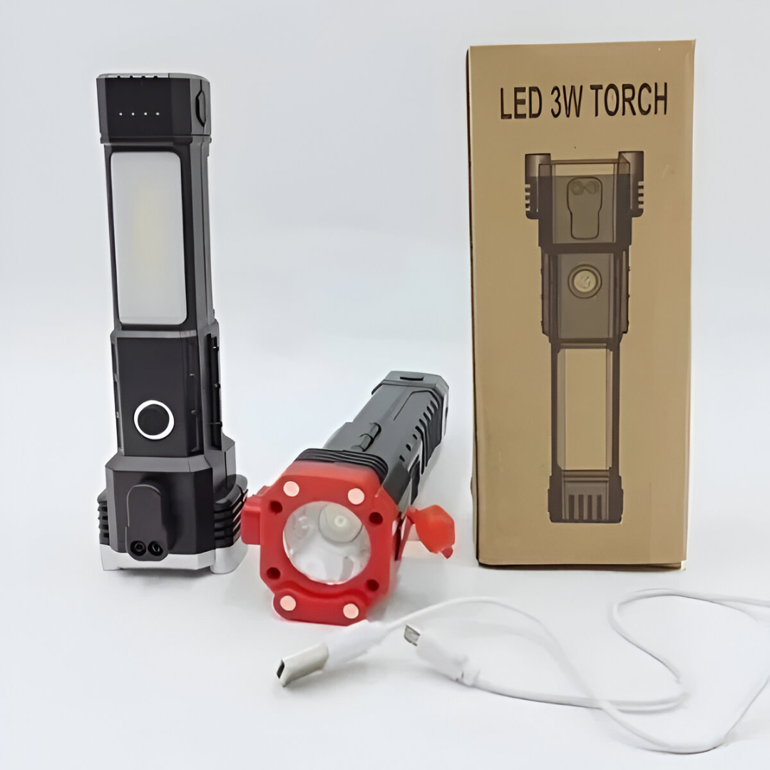 Rechargeable LED 3W Torch – Multifunctional Flashlight with Side COB Light, Power Bank, USB Charging, Long Range Super Bright Emergency Light for Outdoor, Camping & Home Use price in Pakistan