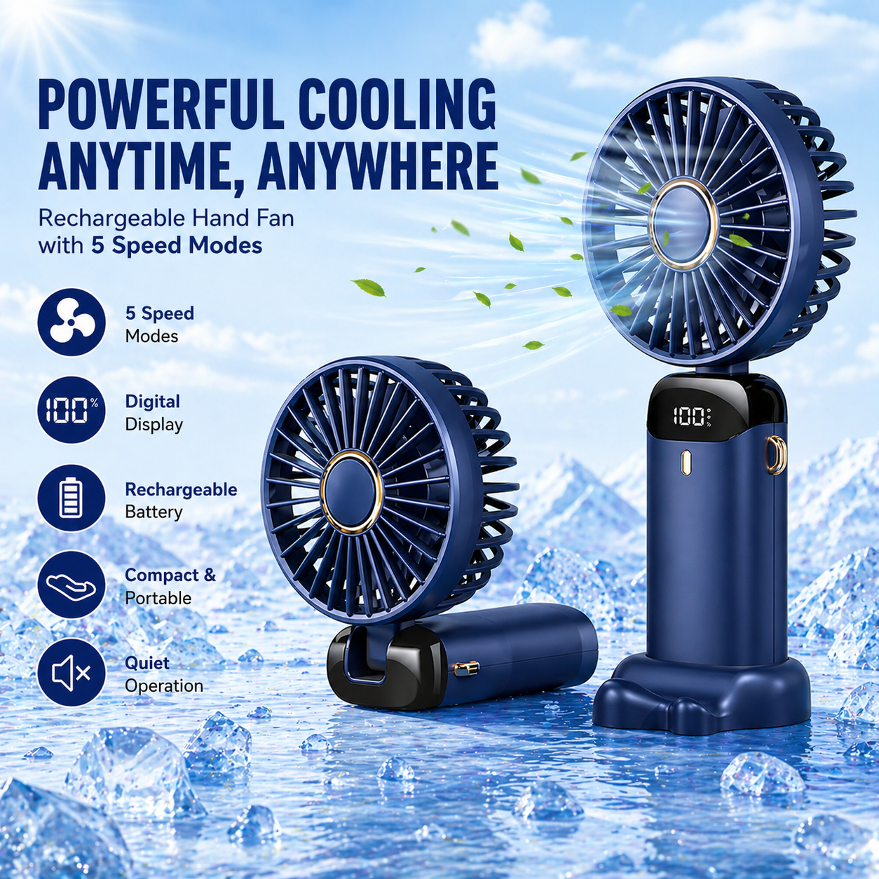 Rechargeable Hand Fan With Digital Display | 5 Speed Modes Handheld Fan For Kids | Mini Handy Fan With Mobile Stand Best For Travelling School & Outdoor | Birthday Gift Item