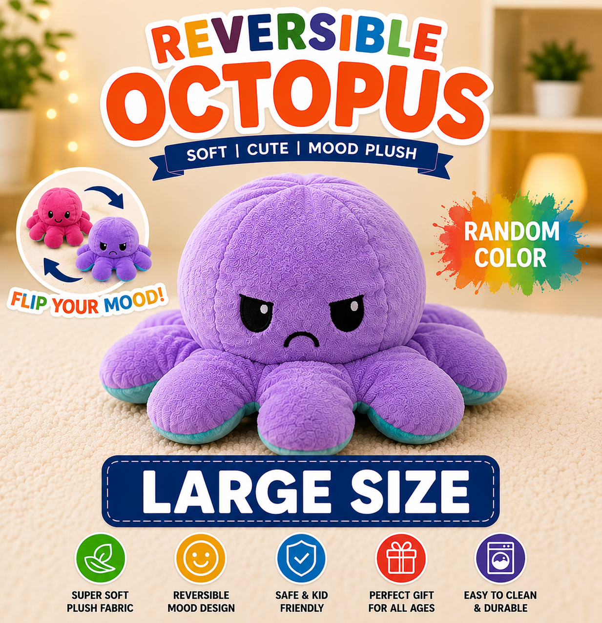 Reversible Octopus Plush Toy | Flip Mood Soft Stuffed Animal | Cute Double-Sided Emotion Plush | Random Color | Small Medium Large Jumbo