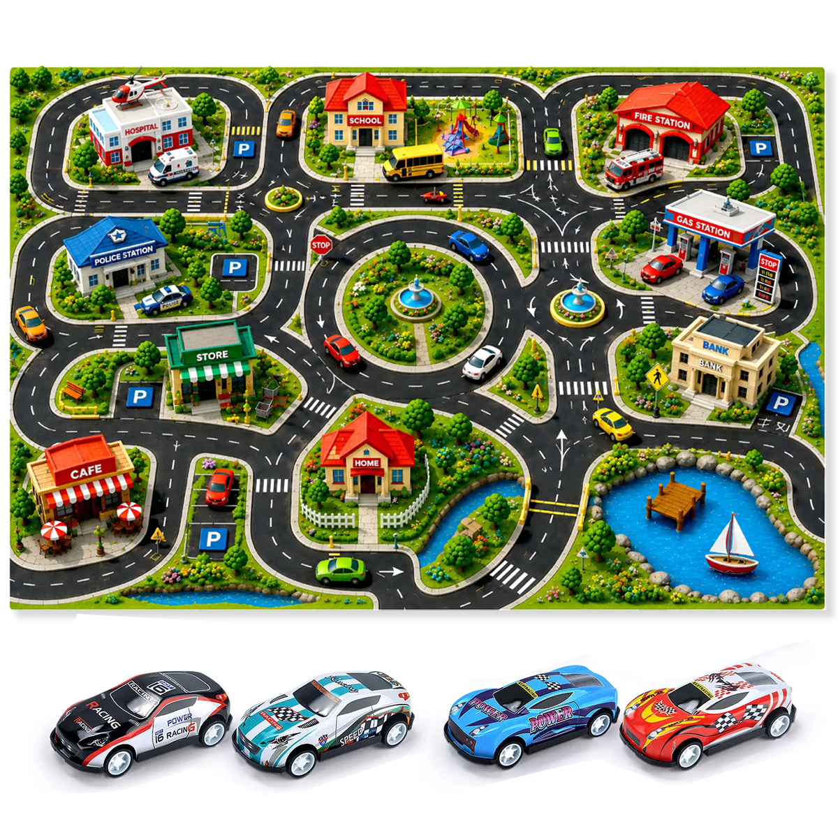 3D Model City Road Map Theme Kids Play Vehicle Mat - ( Size 36 x 24 inch ) - Educational Waterproof Panaflex Sheet - Children Playing Activity Learning Teaching Route Playmat Cartoon Town With Metal Cars Toy Babies Boys Girls Fun Car Toys