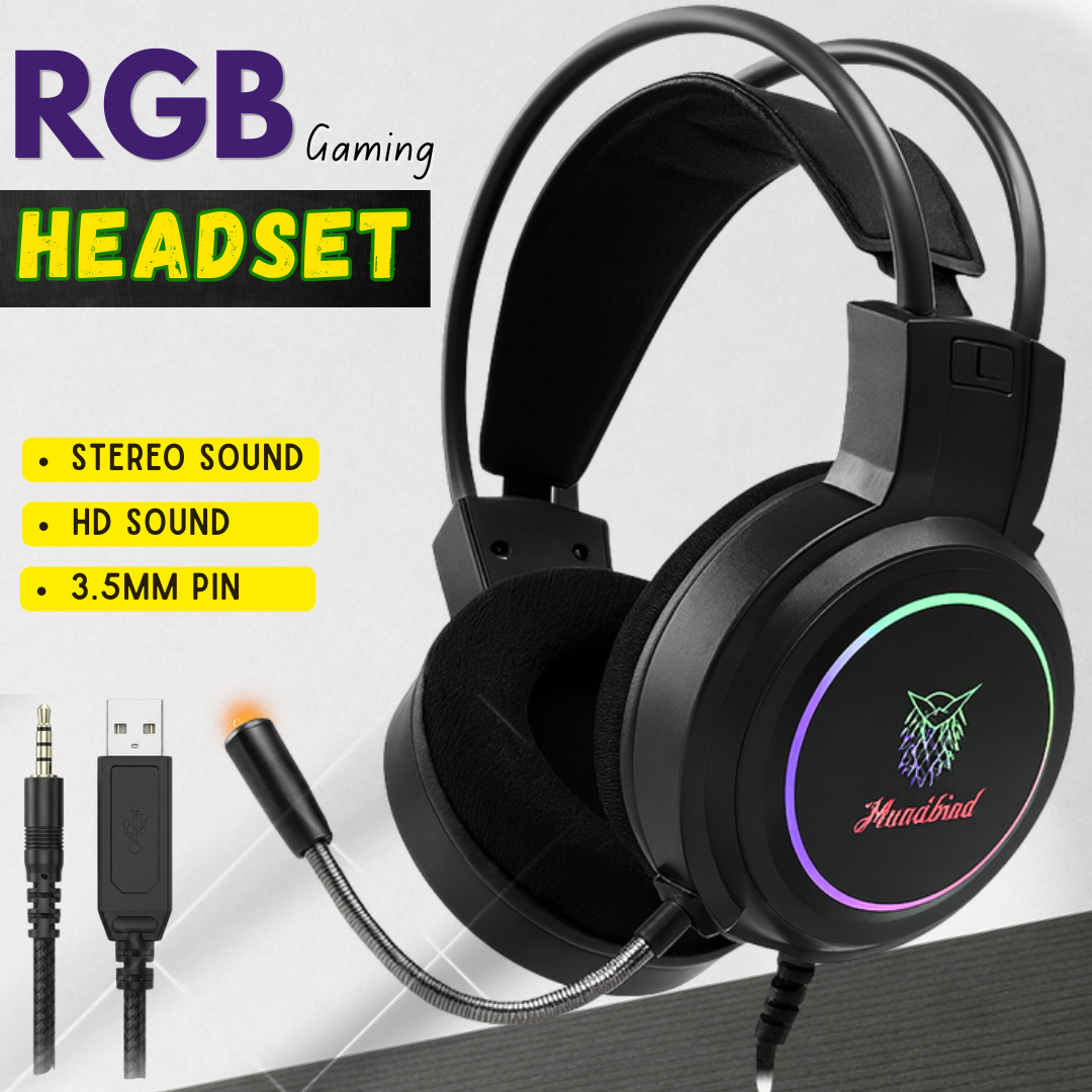 Original Huntbird Wired RGB Gaming Headset With Noise Cancelling Microphone  3.5mm Aux Audio Over Ear Headphones For PC PS5 Xbox Laptop By Panorama