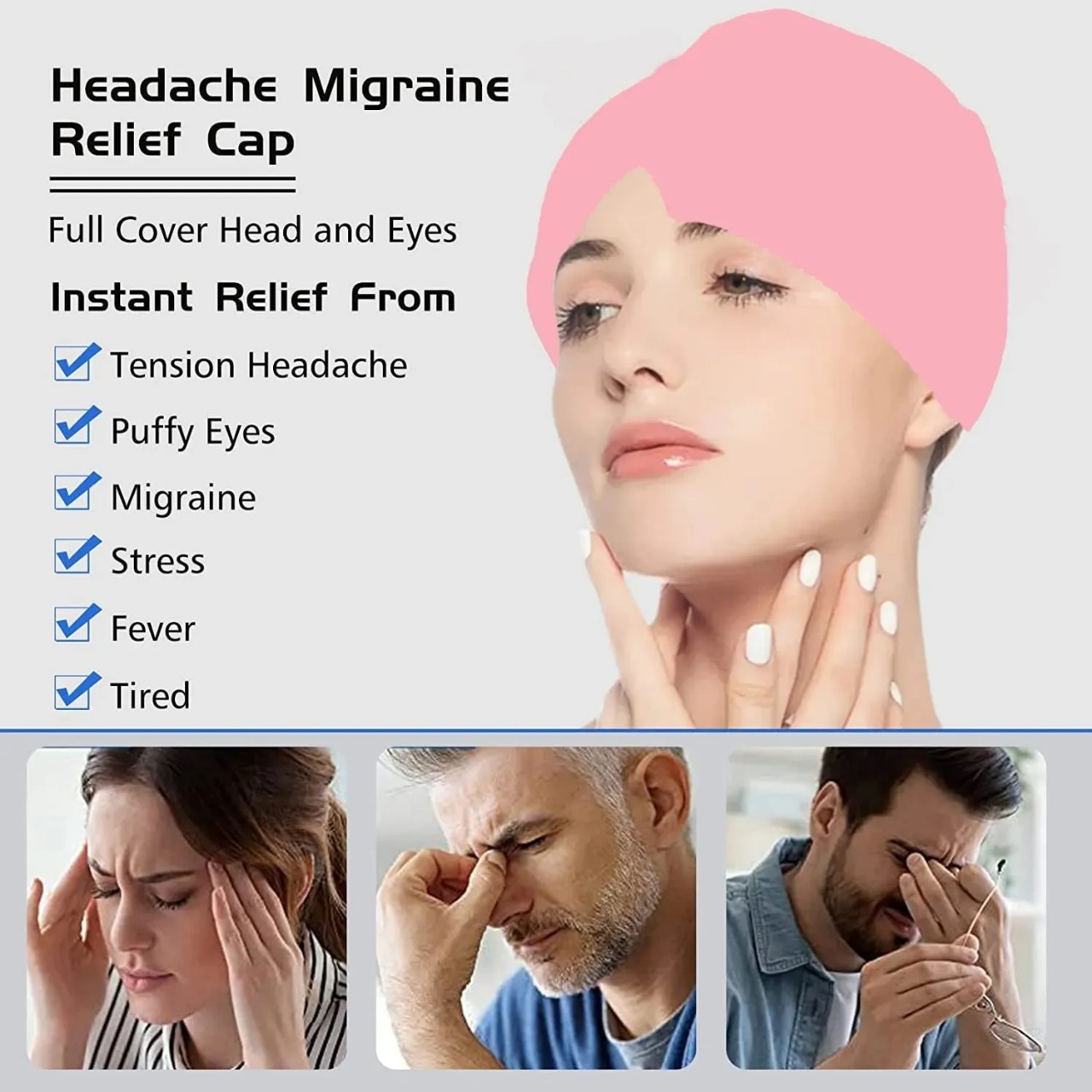 Migraine Relief Hat Headache Hat Gel Hot Cold Therapy Ice Cap For Relieve Pain Sleep Aid & Head Massage Tool Reusable Headache Cap for Men & Women