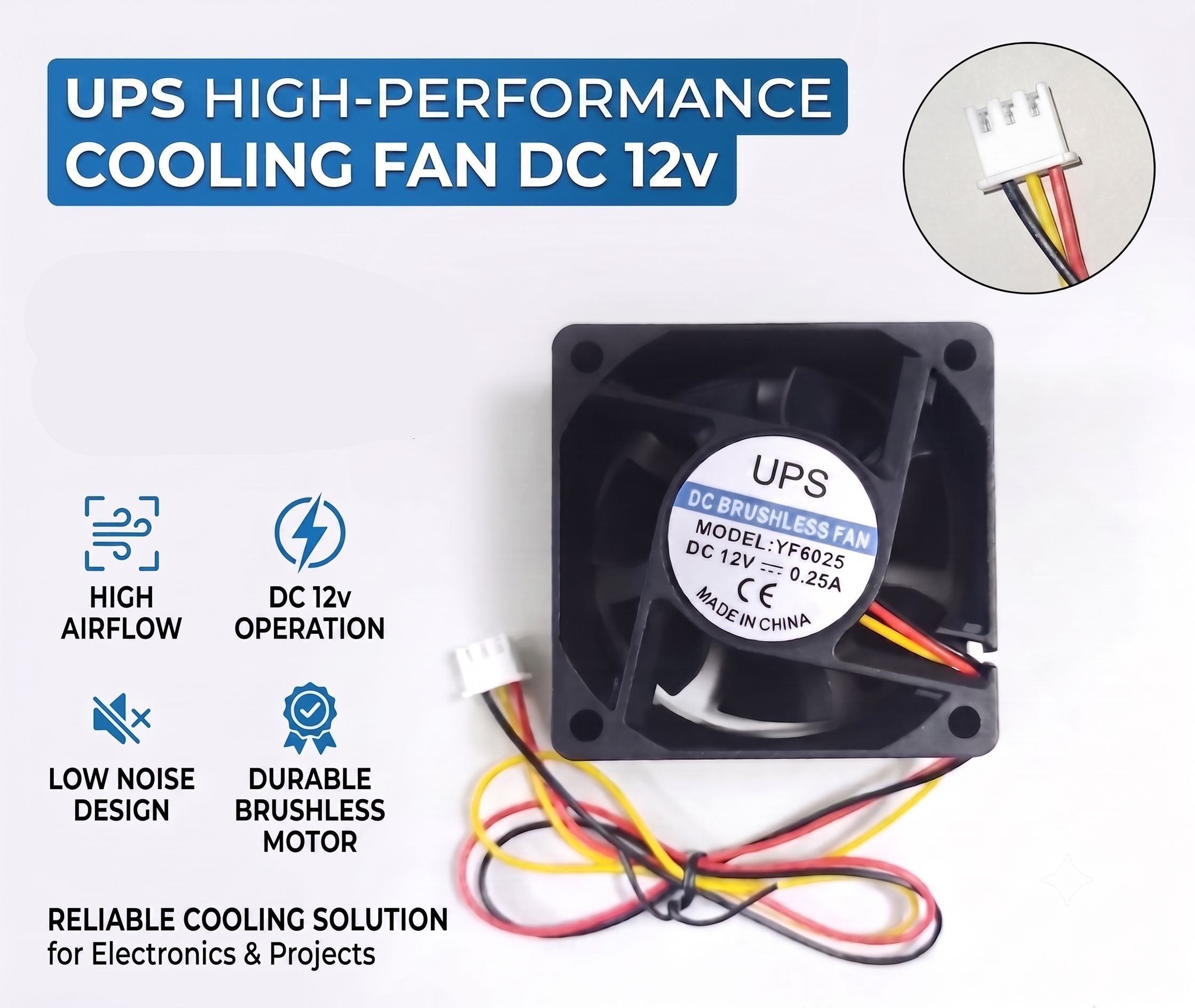 DC 12V Cooling Fan 6cm x 6cm  | 2.3 x 2.3 Inch High Speed Brushless Exhaust Fan| 12V Ups Fan | 12V UPS, Inverters, Battery Chargers, Power Supply & Solar DIY System | 60mm 3 Pin Heat Sink Fann