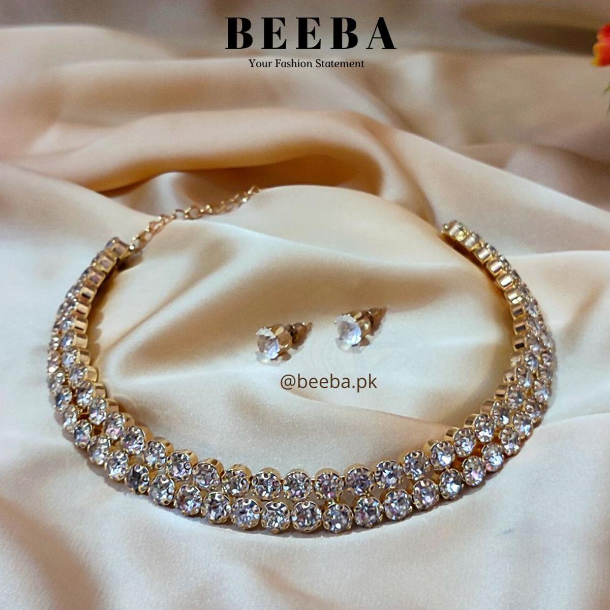Beautiful Chokar/ necklace with tops -  Jewelry Set Necklace and earrings For Women & Young Girl - Zircon Style Gold 2 Layer Necklace Set with Studs