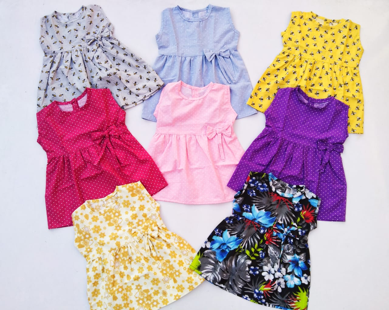 Pack Of 5 Multi-Color Printed  sleevles Cotton Frock For Girls (Random Design) - Stylish and Premium Quality Kids' Frock