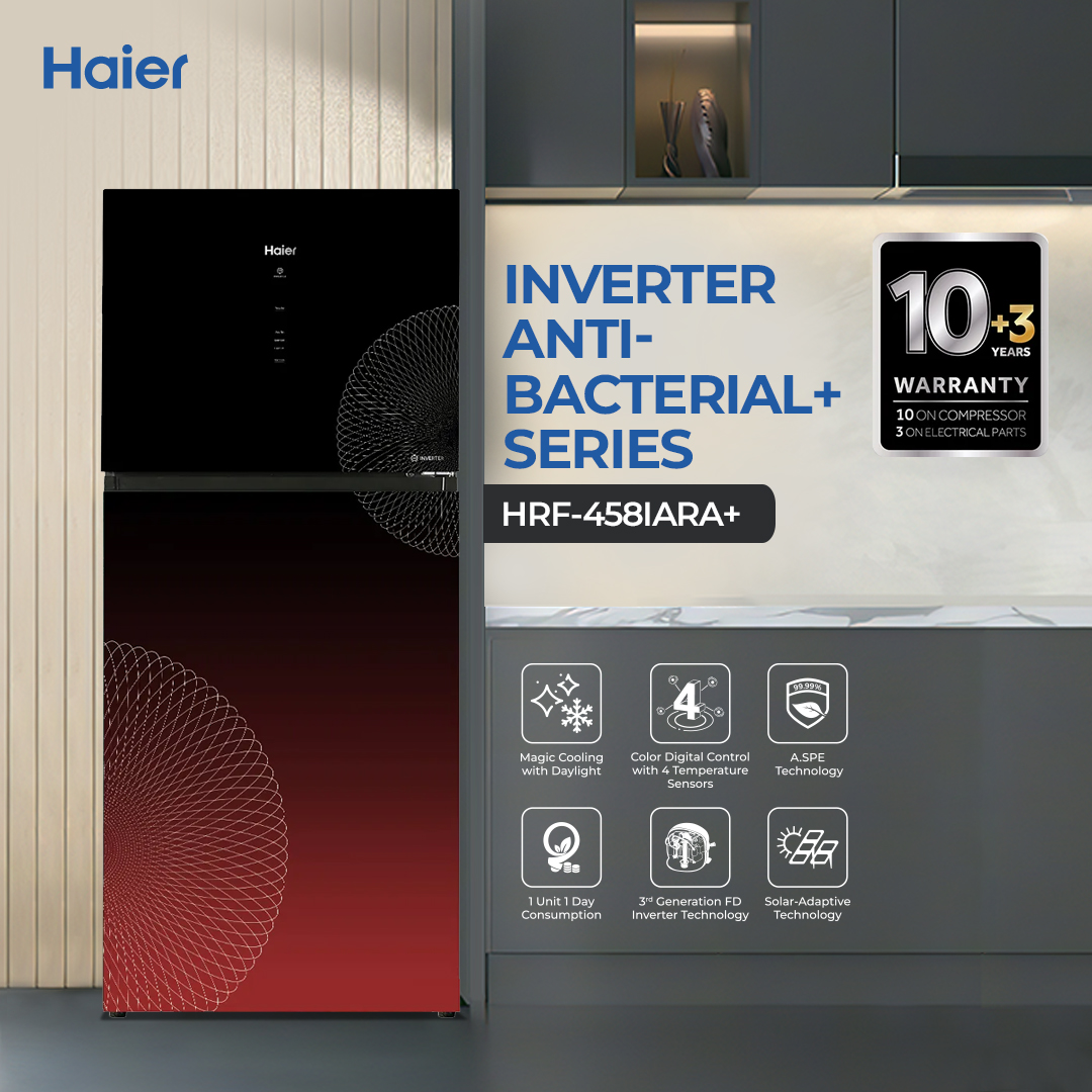 Haier 16 Cu Ft - Digital Inverter - HRF-458IARA+ ( Digital Control Panel + Turbo Fan + 4 Temperature Sensors + Inverter Compressor + Glass Door) Red Colour Refrigerator / 10 Years Warranty