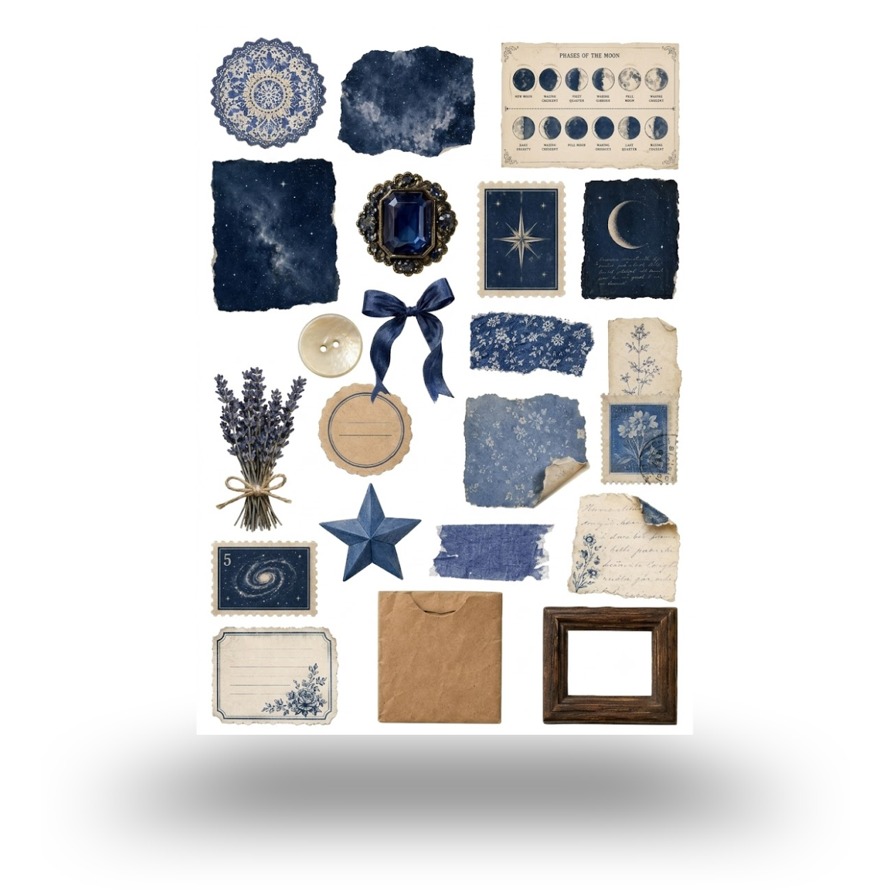 Dark Blue Stamp Style Aesthetic Sticker Sheet | Journal Aesthetic Stickers - Uncut and A6 Sized (10x15cm) Art for Laptops, Journals, and More - Express Yourself Creatively for Girls and Boys