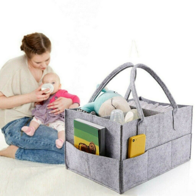 Baby Diaper Caddy Organizer, Foldable Felt Storage Bag with Multi Pockets and Flexible Compartments, Portable Car Travel Organizer for Changing Nappy, Wipes, Newborn Shower Gift