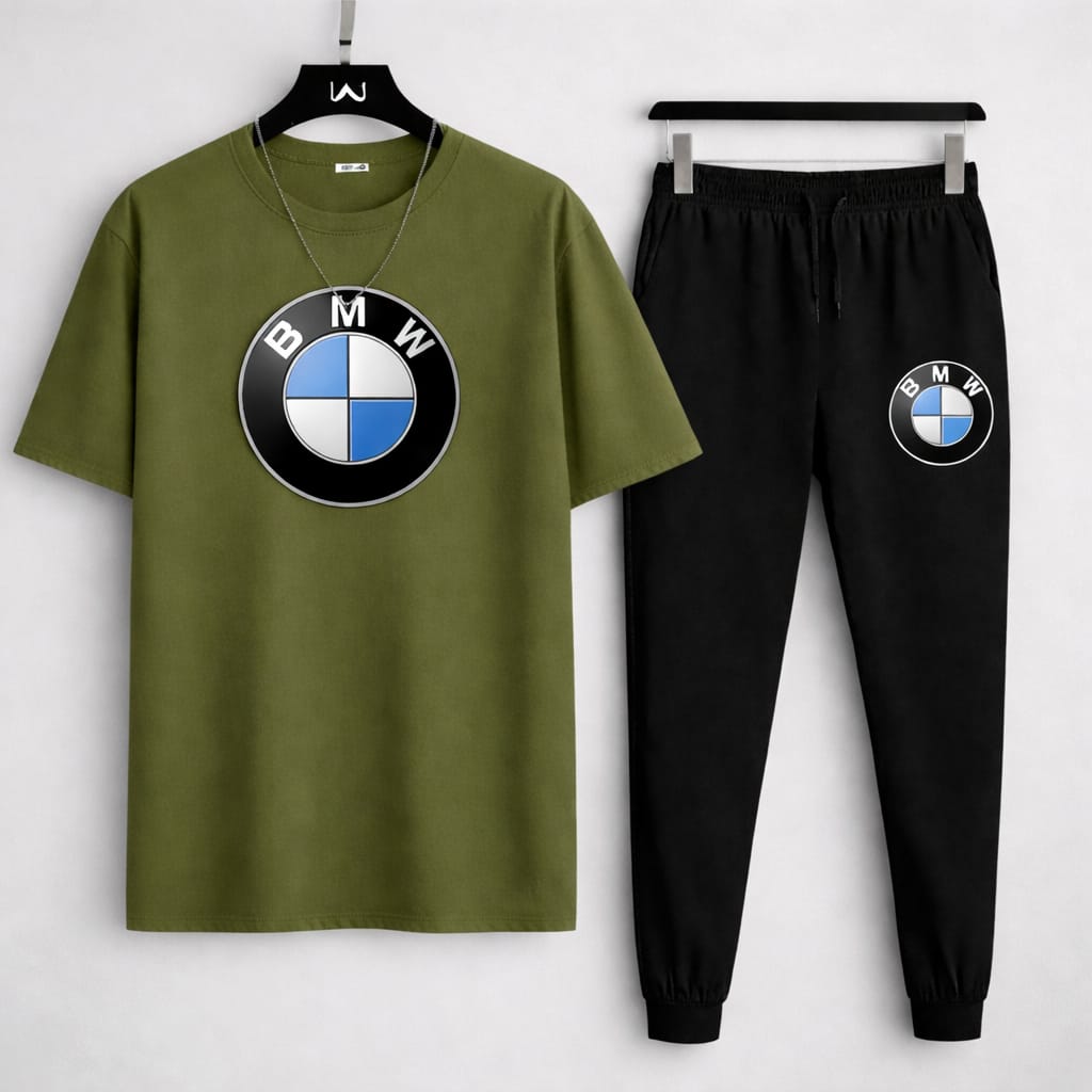 🚗 BMW 2PCS Summer Tracksuit for Boys & Teens | Olive Green T-Shirt + Black Trouser | Premium Casual Wear 🌿