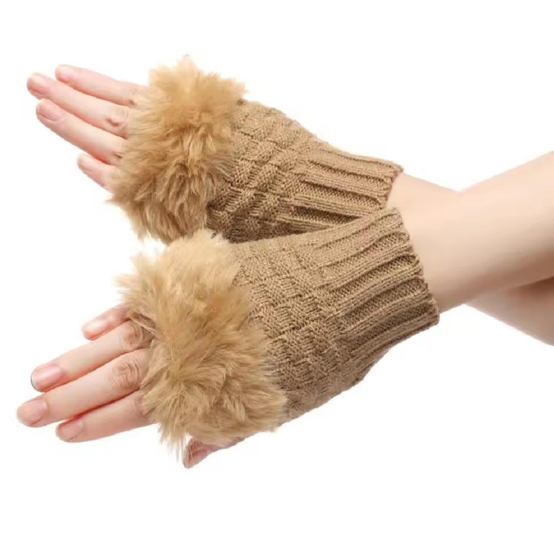 Fashion Women Faux Rabbit Fur Knitted Fingerless Gloves | Hand Wrist Warmer Half Finger Mittens for Winter"