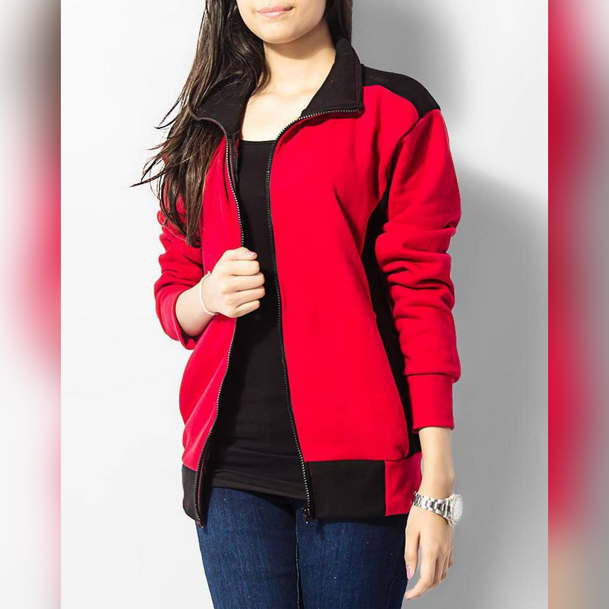 red and black fleece jacket