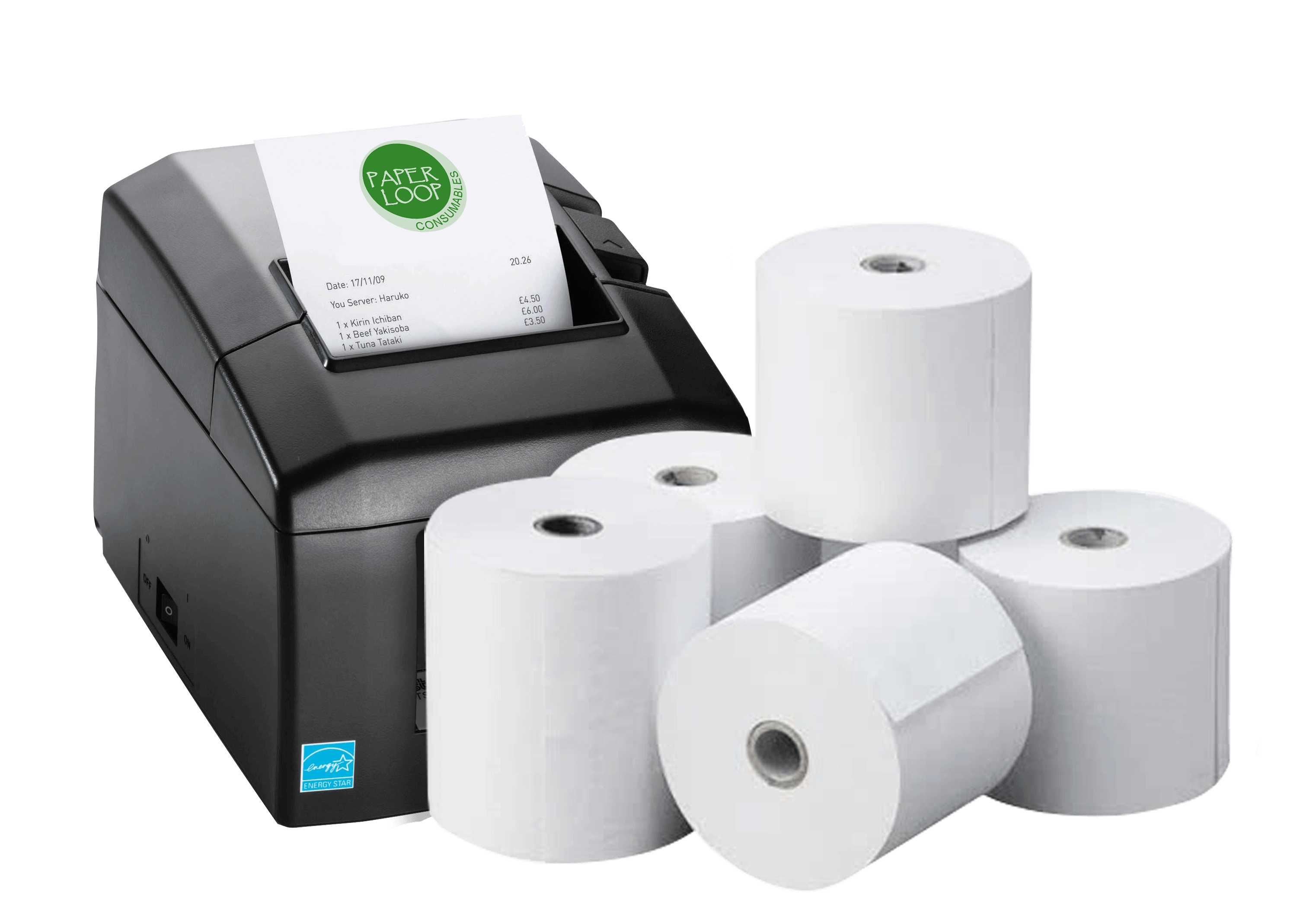 Thermal paper rolls generate receipts for orders, meal tickets, and other tickets at restaurants, cafes, and food delivery services