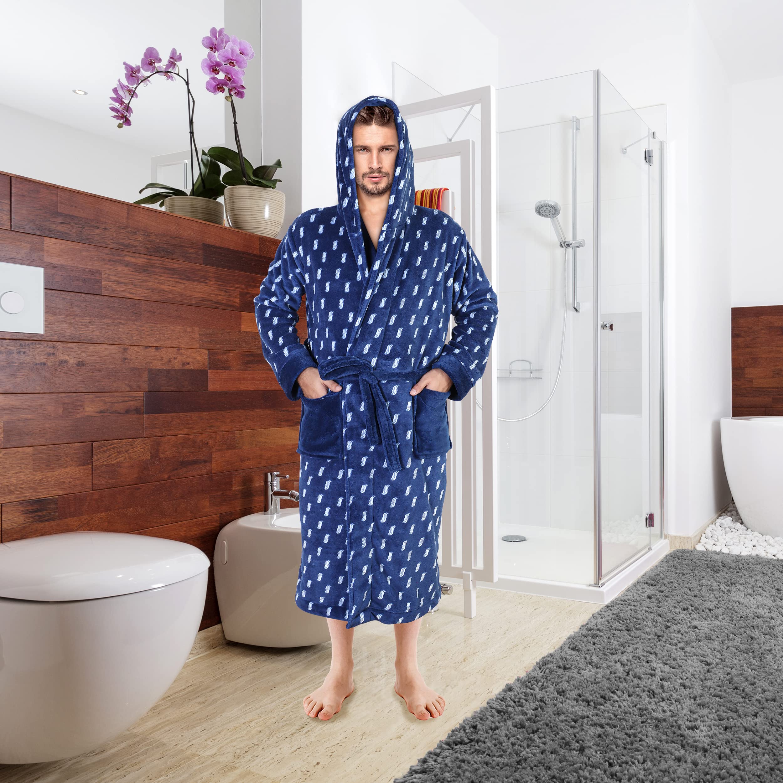 Fast Forward Mens Hooded Fleece Robe - Plush Long Printed Bathrobes
