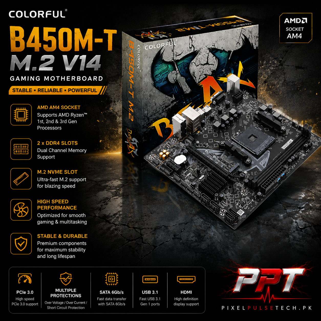 B450M Pro AM4– Micro ATX Motherboard –2 Ram Slot– PixelsPulseTech.pk