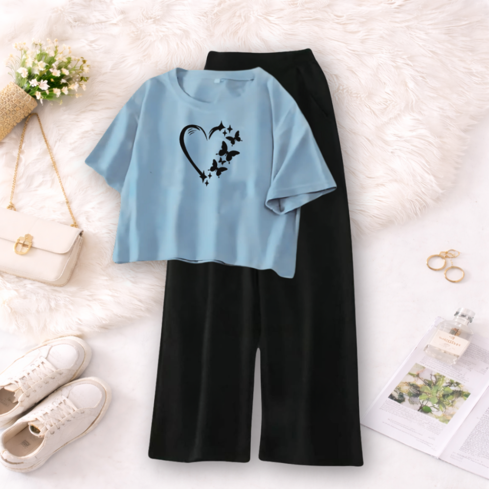 MK Garments Palazzo and Crop T-Shirt for Women Summer Premium Quality Cotton Blend Casual Butterfly Heart Printed Multiple Colors Available