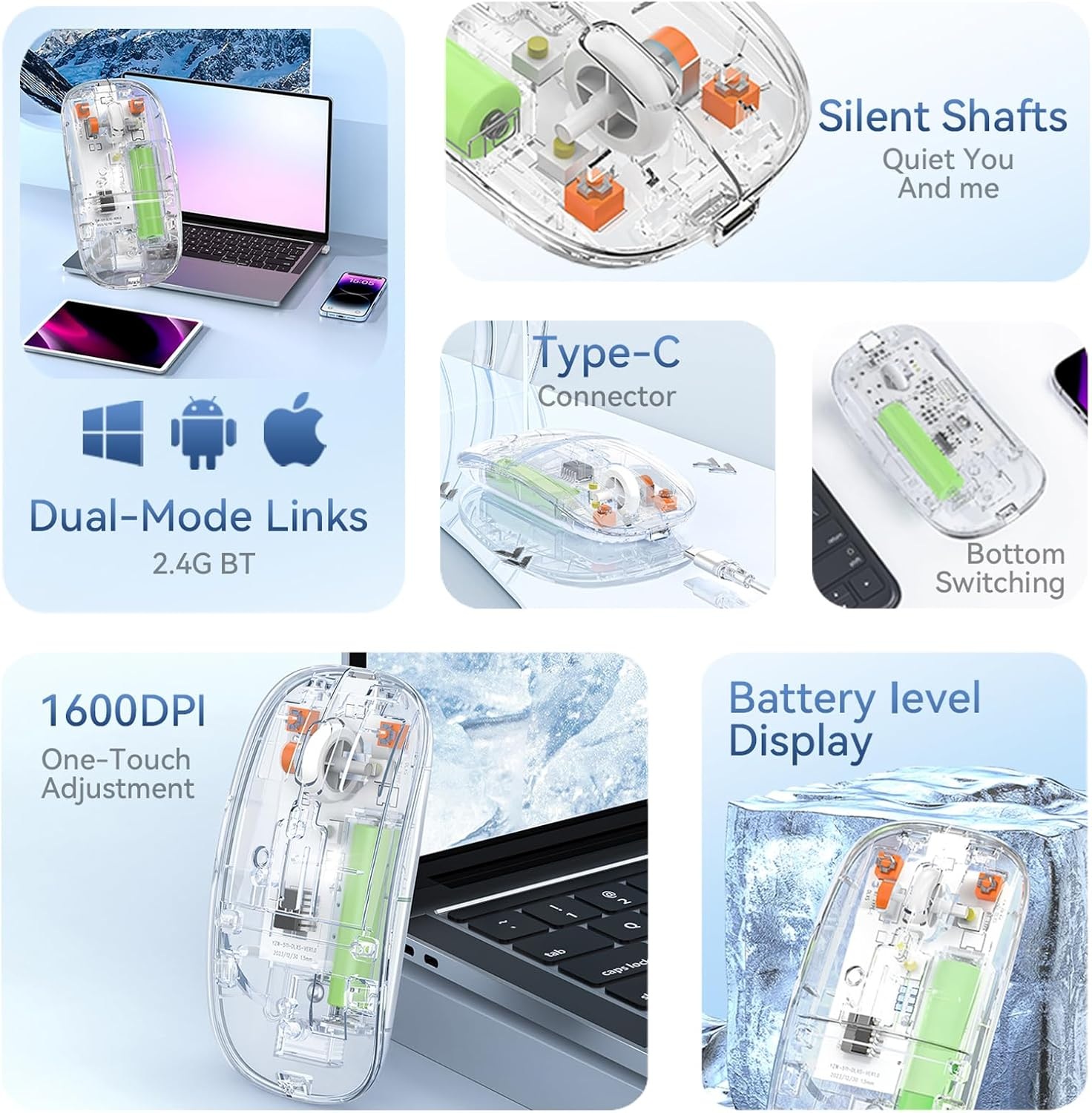 Type C Transparent Rechargeable Wireless Mouse Ultra Slim Gaming Mouse RGB Dual Mode 5.1 Bluetooth Mouse Rechargeable Battery Gaming RGB USB Wireless Optical Mouse With Silent Clicks 2.4G Backlit Mice Mouse For Pc Laptop, Computer, MacBook, iPad, Smart TV