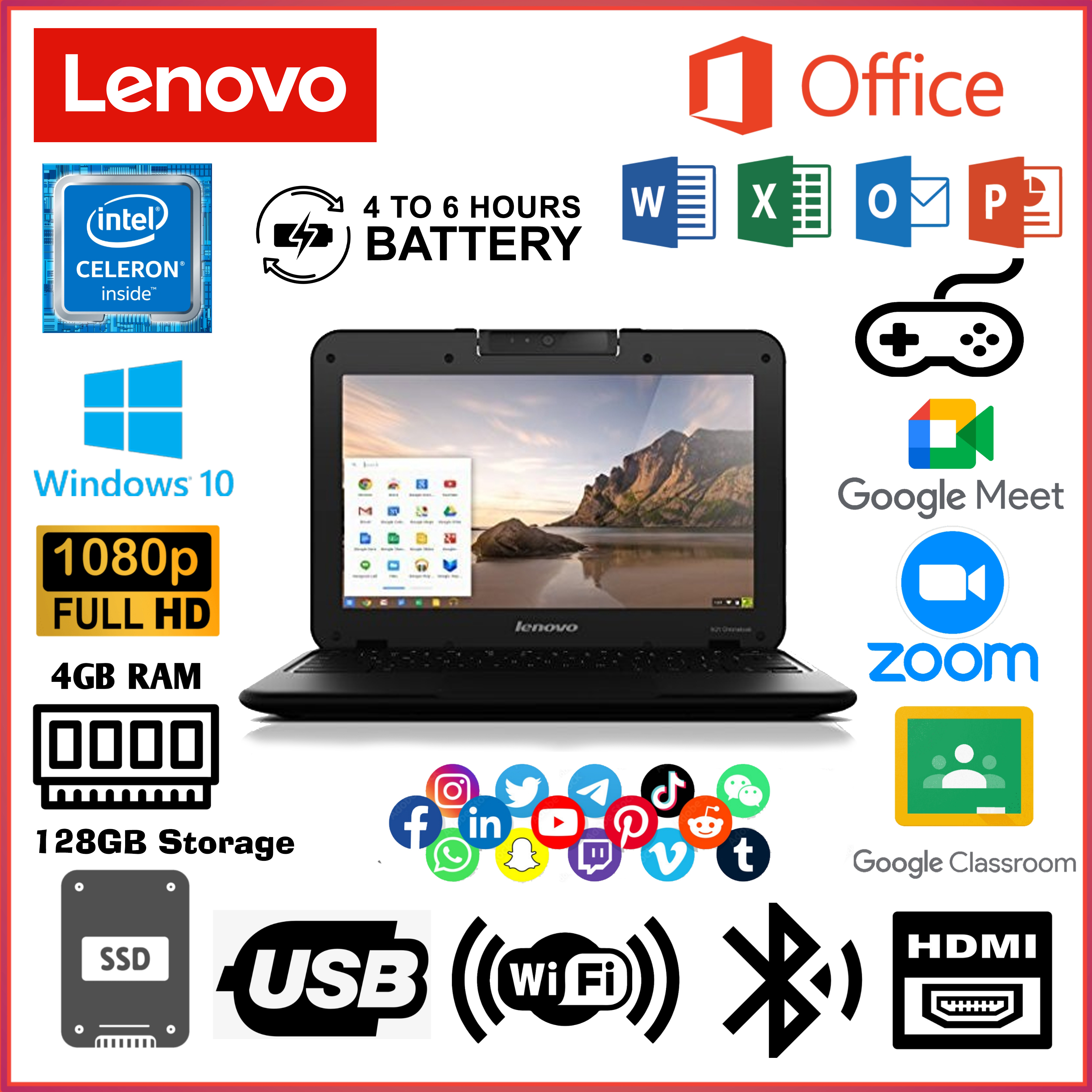 LENOVO ORIGINAL CHROMEBOOK 128GB STORAGE WINDOWS 11 INSTALLED 4 TO 6 HOURS BATTERY 11.6 INCHES FULL HD DISPLAY WITH FREE LAPTOP BAG & CHARGER INCLUDED TOP SELLING MOST DEMANDED TRENDY HIGH PERFORMANCE RELIABLE AFFORDABLE