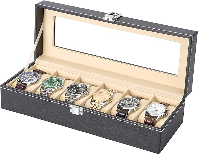 Watch Box for Men PU Leather Watch Organizer Storage Style Black Holds Up to 12 Watches