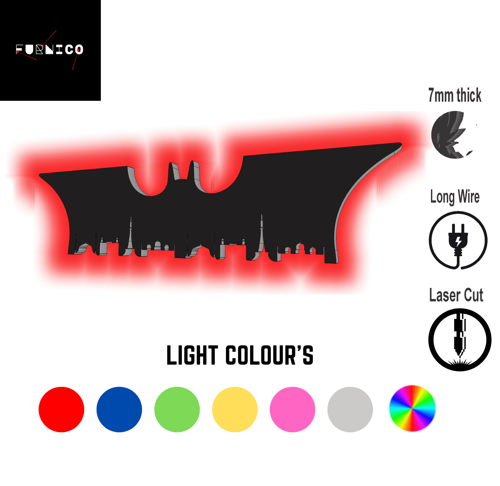 Batman-Inspired LED Wall Art Light with Multi-Color Option, 7mm Thick, Laser Cut, for Gaming and Home Decor