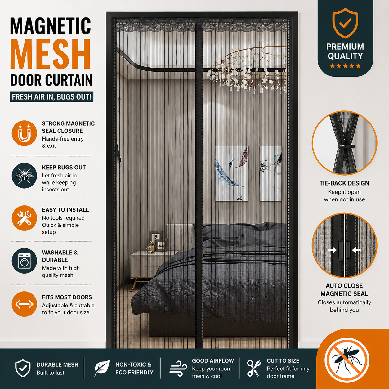 Dazzin - Anti Mosquito Magnetic Mesh Curtain Hands-Free Automatic Closing Screen Door - 100x210cm