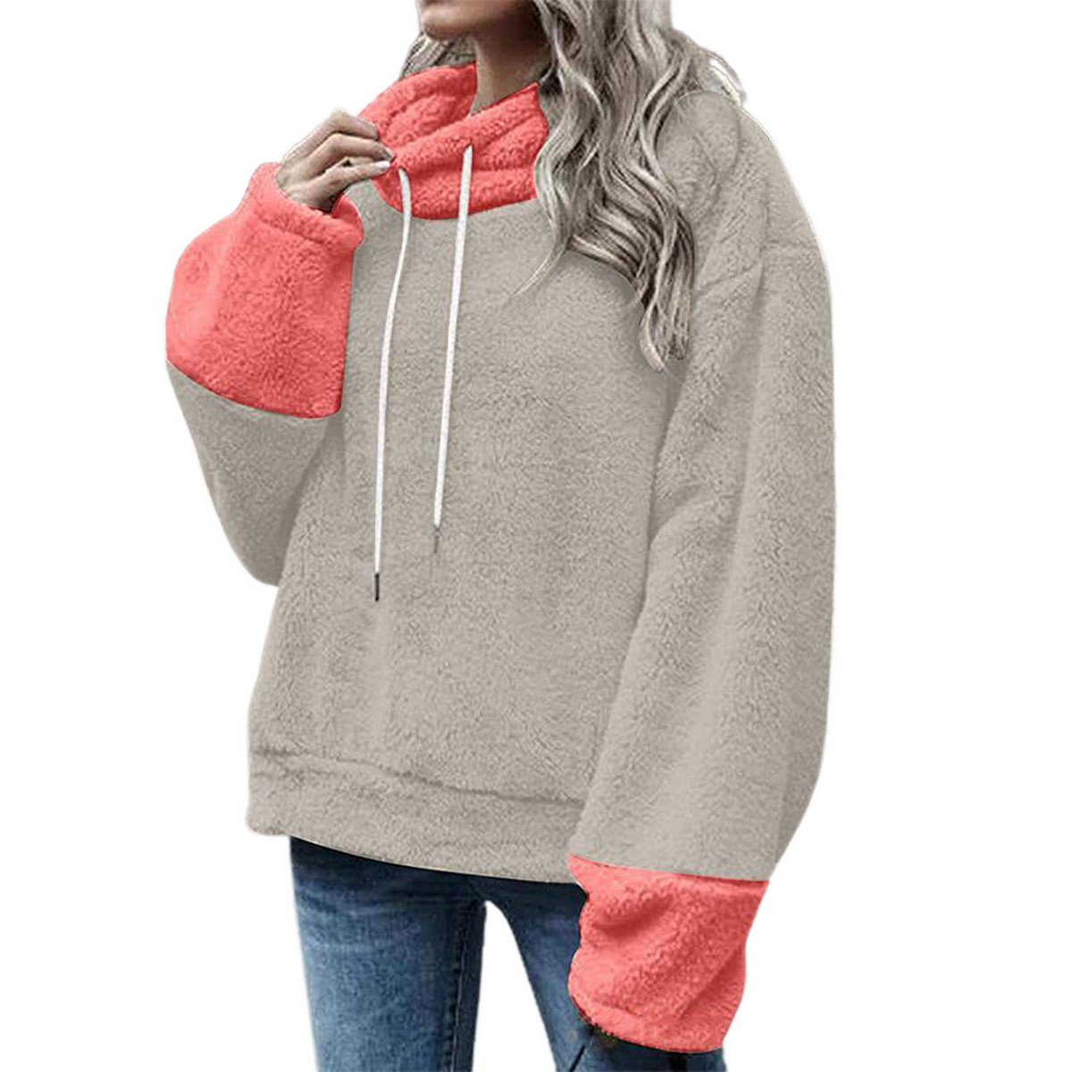 Fluffy Hoodie Shrinkable Cuff Patchwork 