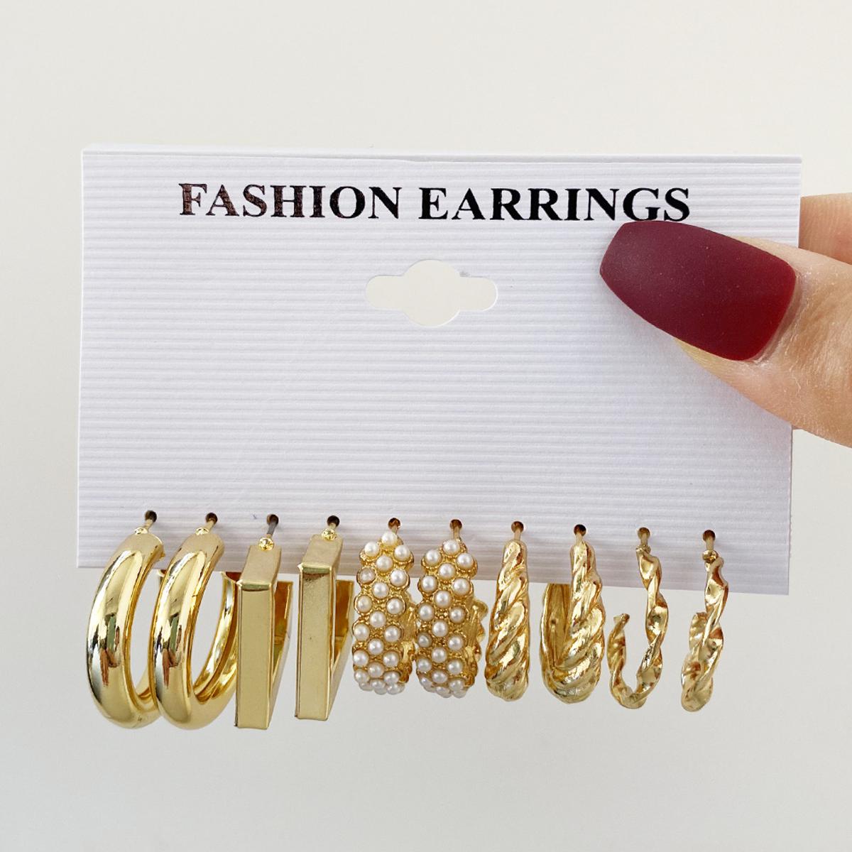 5-Pair Set Elegant Gold-Tone Drop Earrings with Faux Pearl Accents for Women