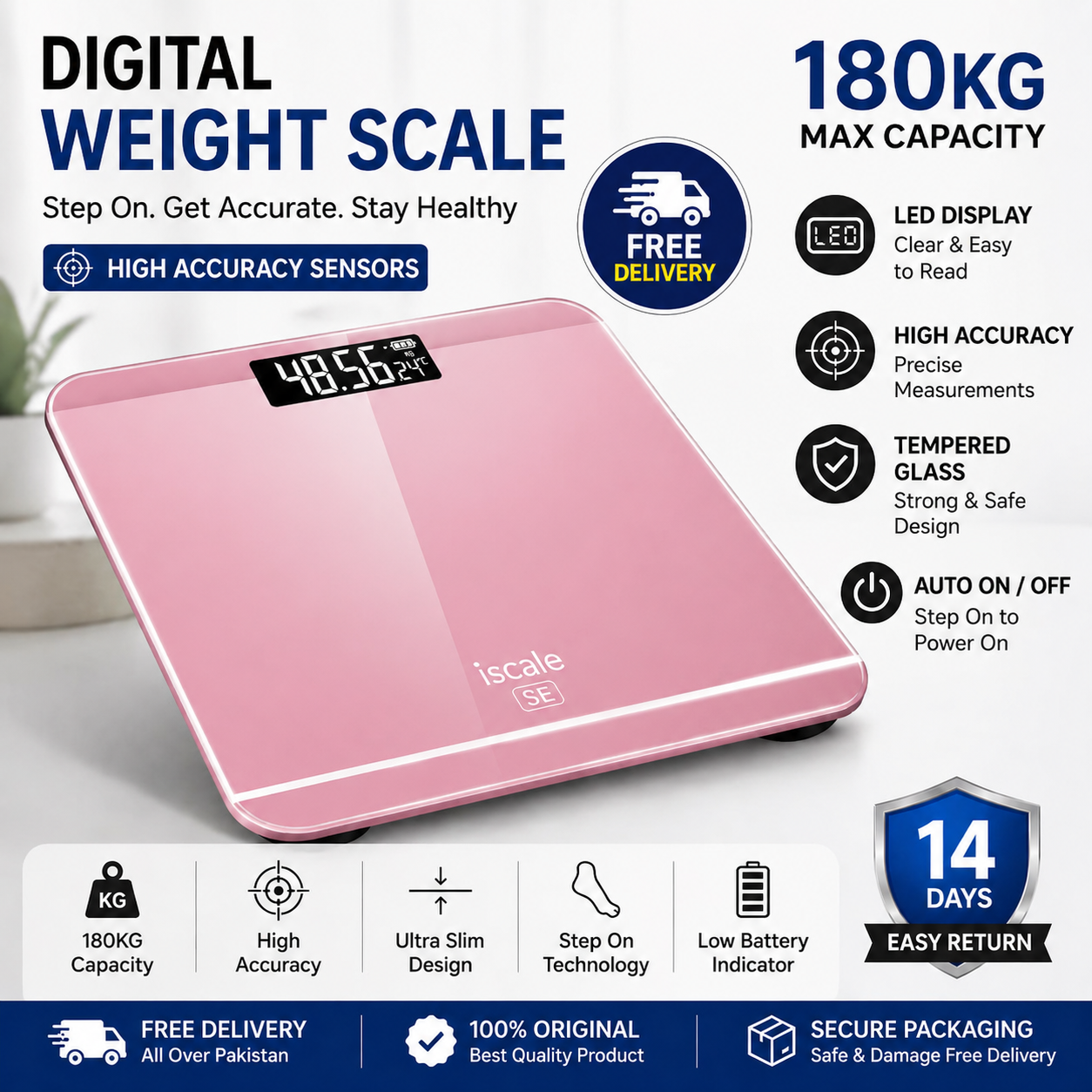 180KG Electronic Digital Body Weight Scale with LCD Display, Tempered Glass Bathroom Weighing Machine, High Accuracy, Step-On, Battery Included