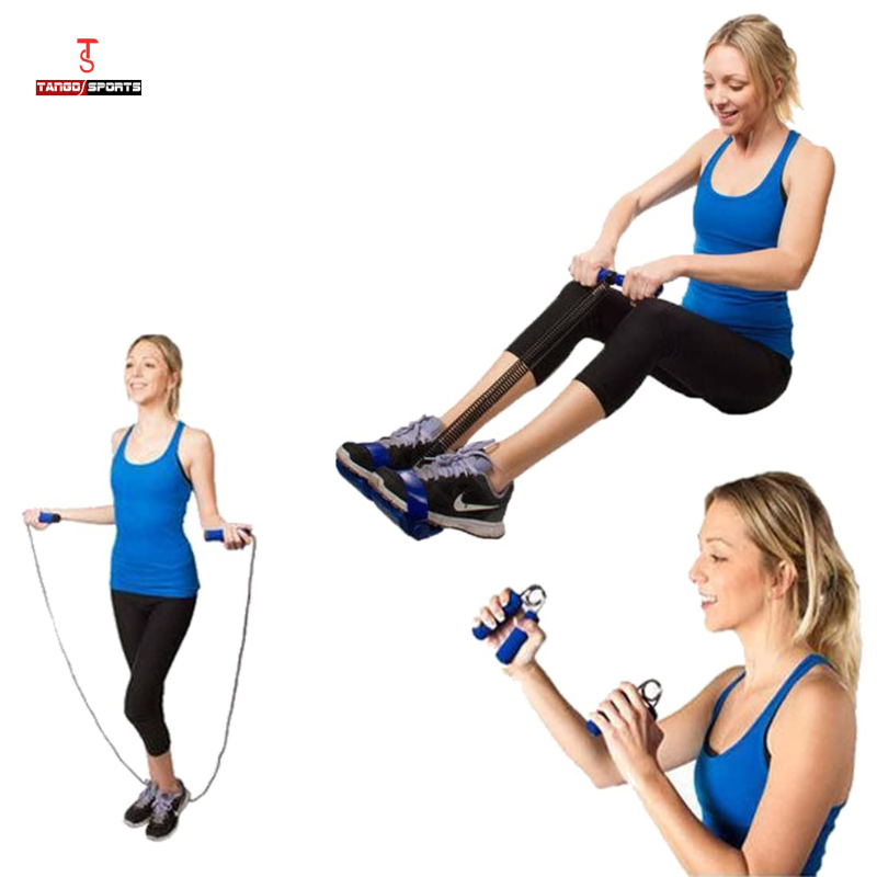 Tango Sports and Fitness 3-in-1 Home Gym Set – Tummy Trimmer, Jump Rope & Hand Grips | Spring Rower Set for Full Body Workout, Arm Strength, Core & Cardio Training | Fitness Kit for Home Use – Blue