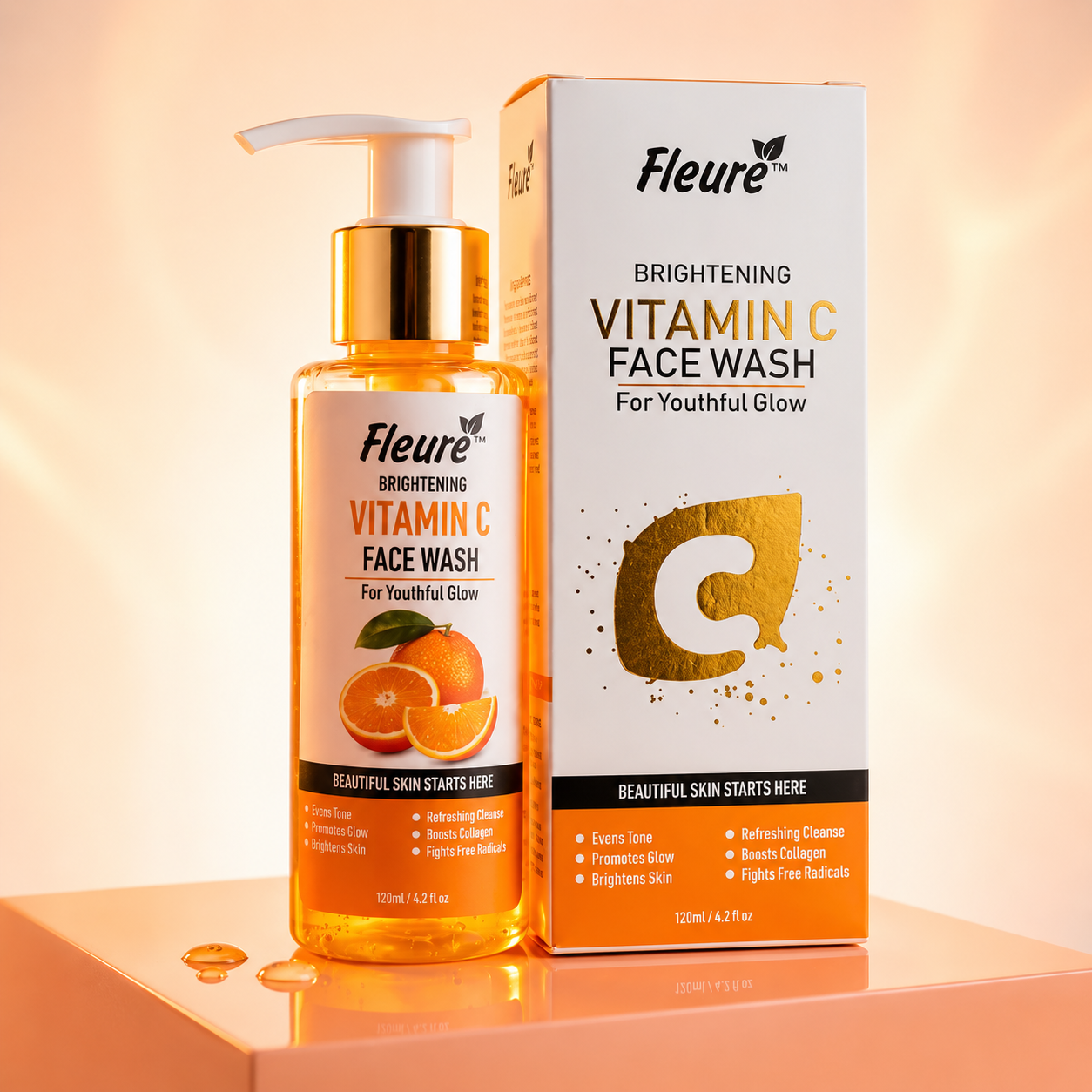 Ultra Brightening Vitamin C Face Wash - 120ml - Cleanser - Brightening Cleanser for Tired Skin - Facewash - Vitamin C Cleanser for Healthy Complexion - Face Wash - Natural Vitamin C Skin Brightener - Fleure