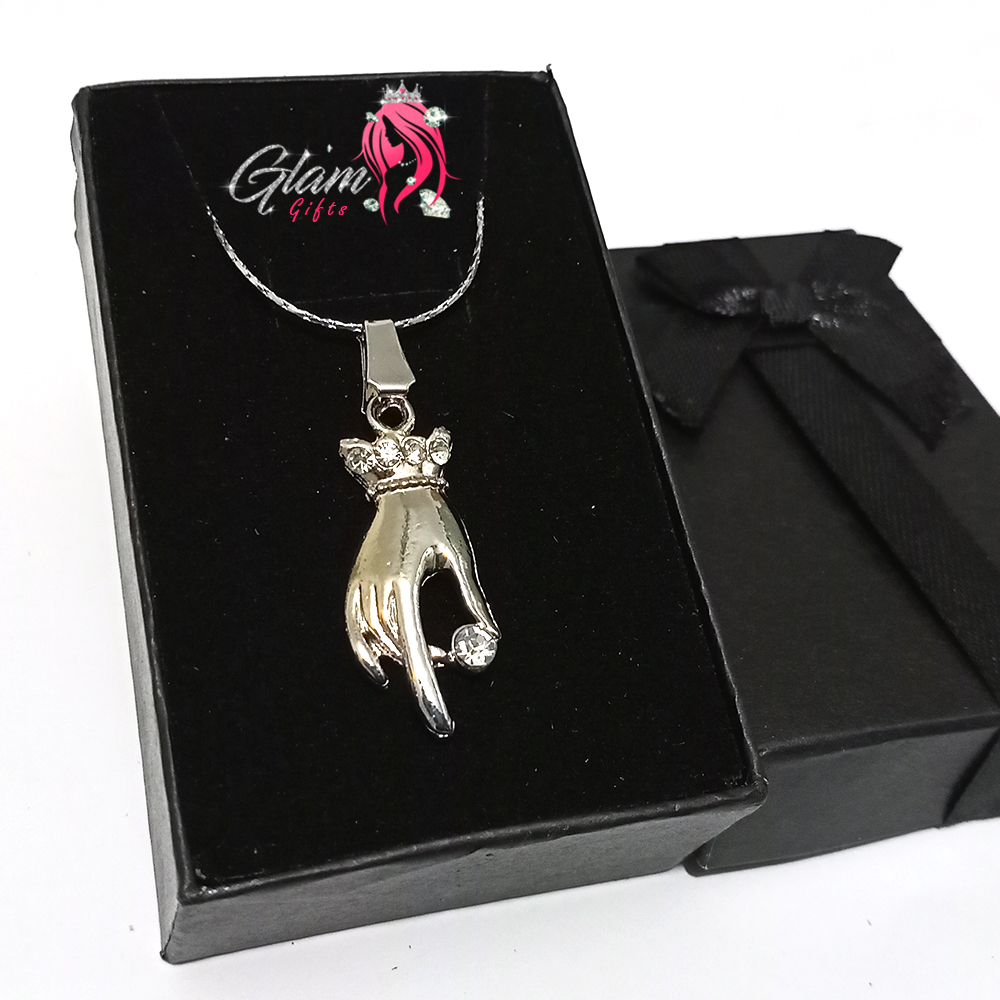 Female Hand with Stone Silver Pendant Necklace Embellished with crystals-Gift Box Included