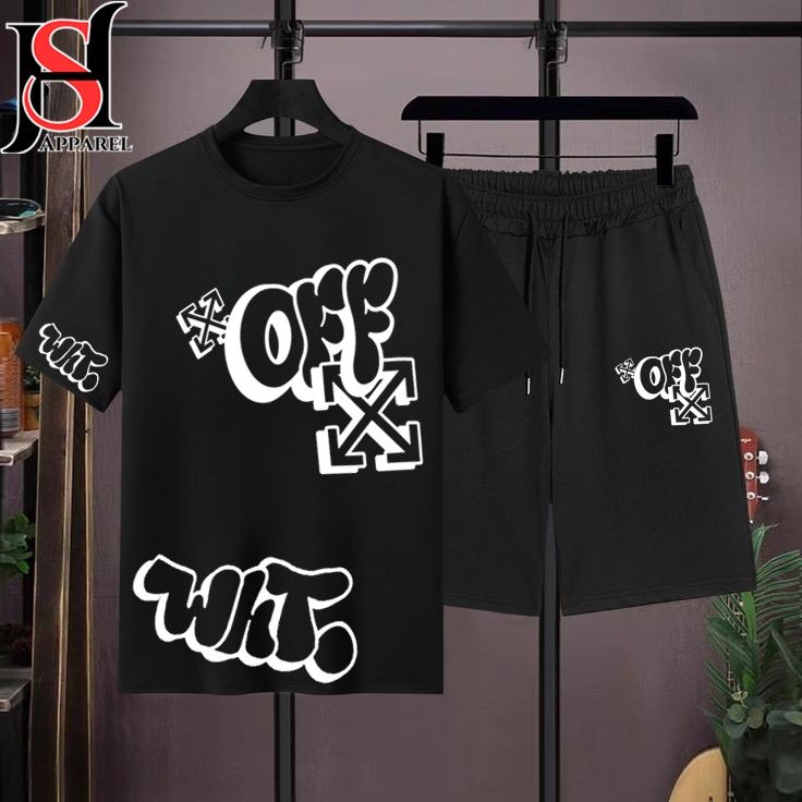 Off White Printed Cotton Half Sleeves O Neck Short & Tshirt For Men & Boys Track Suit Summer Girls Party Gym