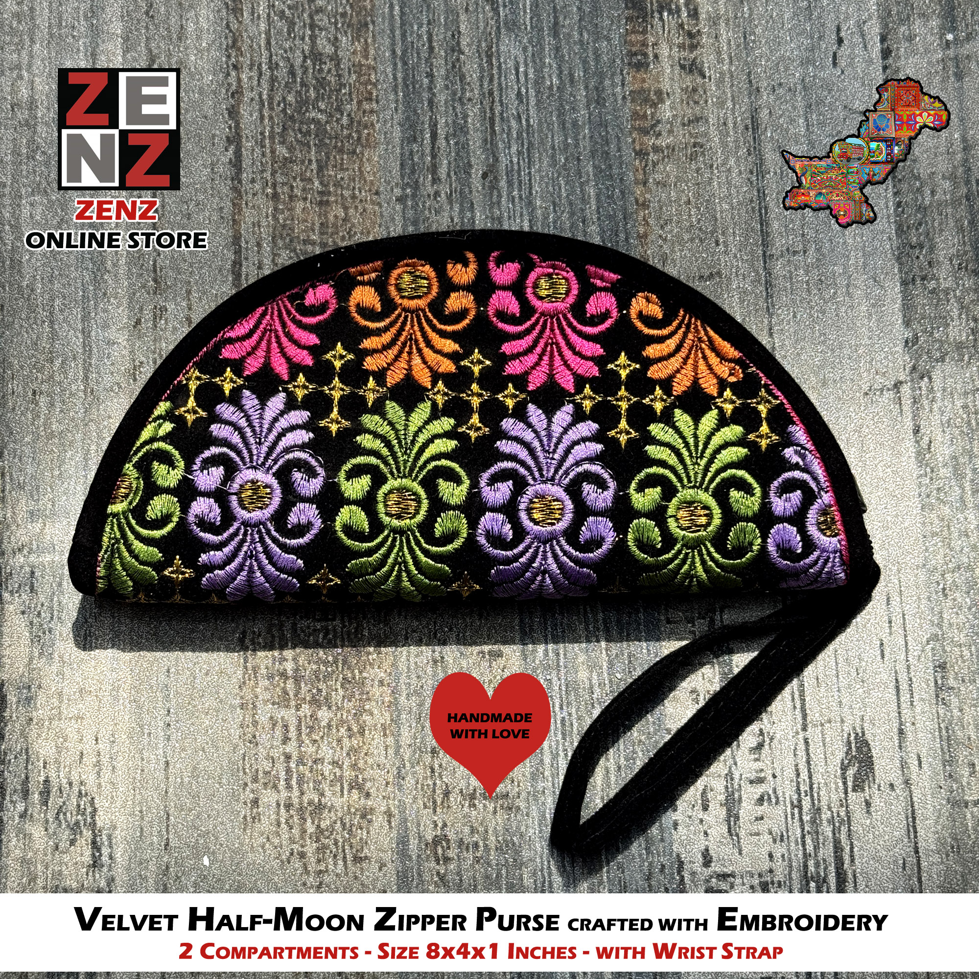 Half Moon Shaped Handmade Black Embroidered Velvet Clutch Purse Size 8x4 Inches crafted with Multicolour Embroidery by ZENZ Pakistani Traditional Vintage Fashion Wear