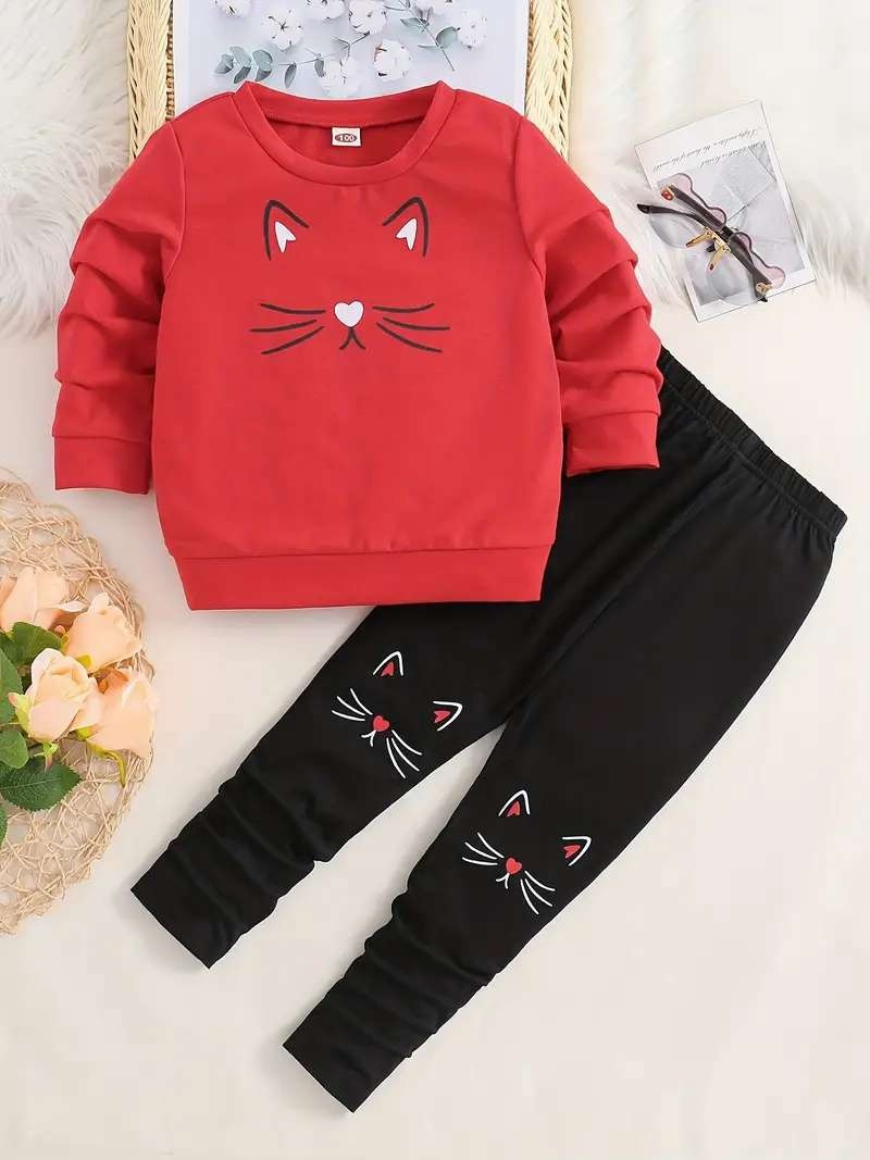 Girl's 2pcs Sweatshirt & Elastic Waist Pants Set, Cat Print Long Sleeve Pullover Top, Casual Outfits, Kids Clothes For Spring Fall