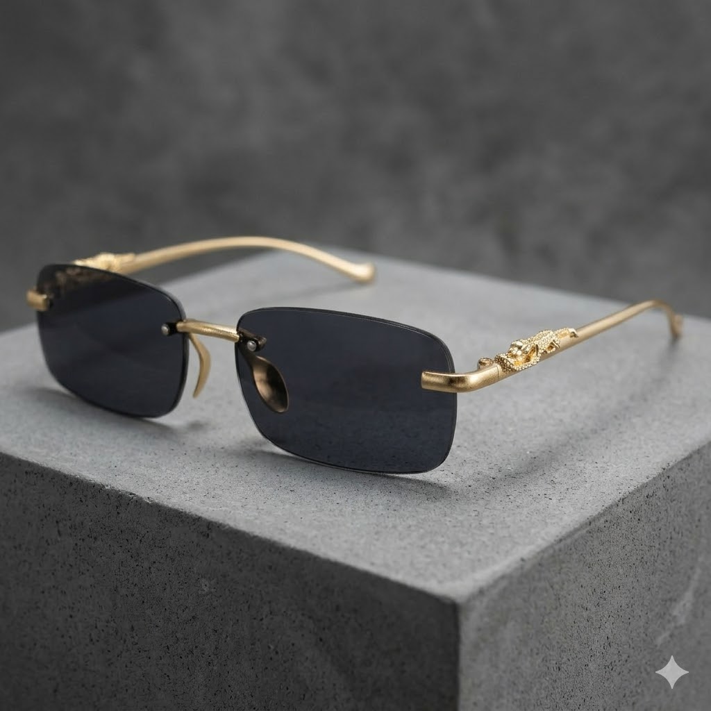Bestwear.pk Trendy Metal Leopard-Inspired Rimless Sunglasses for Men & Women - Unisex Rectangle Frameless Eyewear Eyeglasses Sun Glasses for Girls & Boys - Premium Look Elegant Gold Cheetah Frame Vintage Shades for Ladies